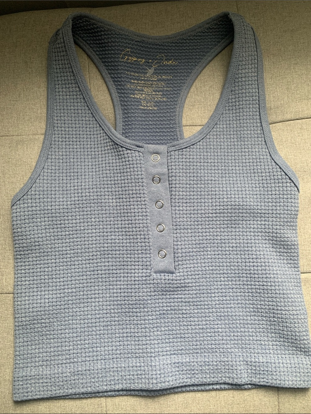 🆕- Ribbed Waffle Henley Racerback Tank Top - Light Blue By Gypsy + Jade